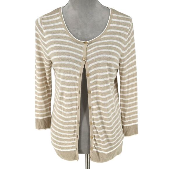 Jones New York Sweaters - JNY Jones Sweater Womens Medium Beige White Linen Blend Cardigan Lightweight